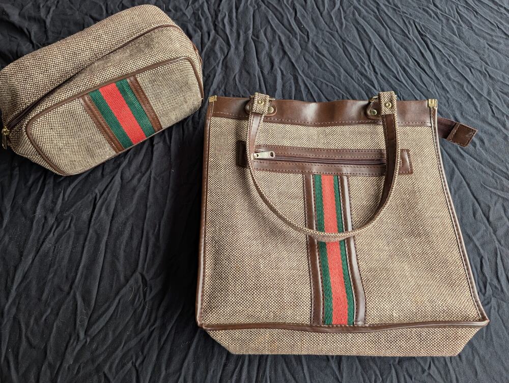 Vintage Canvas Tote Bag & Train Case Green Red Stripe Equestrian Style